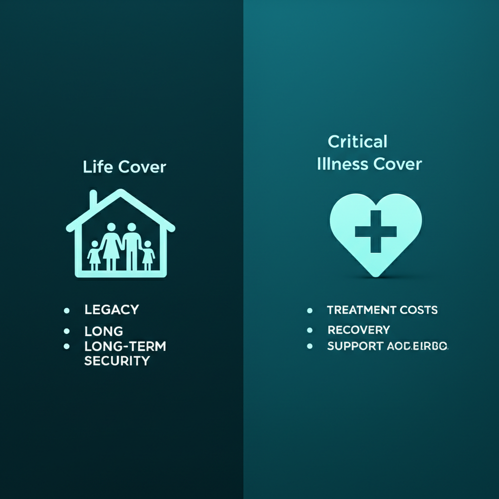 A comparison chart showing the key differences and benefits of Life Cover and Critical Illness Cover.