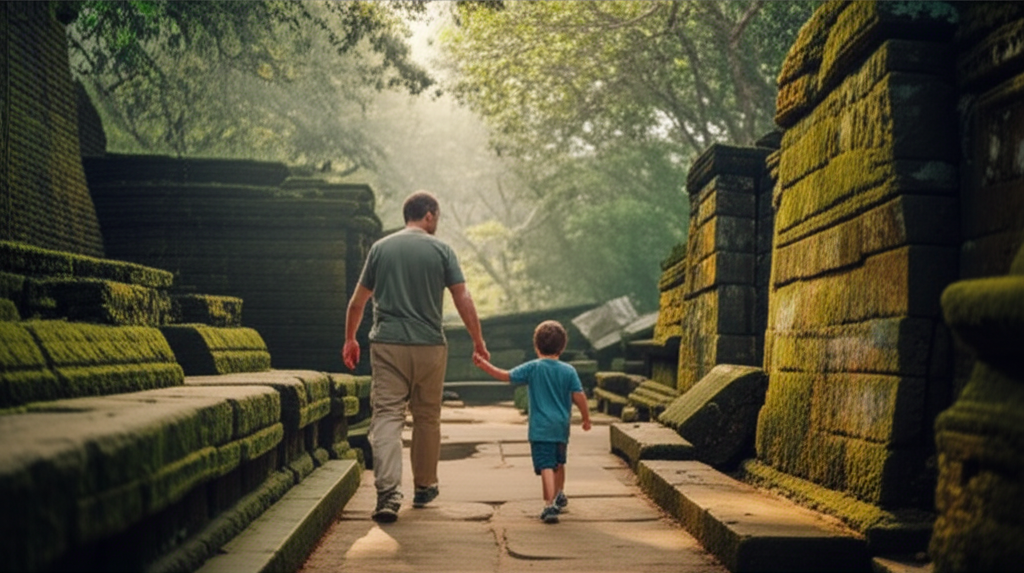 A father and child exploring the atmospheric jungle ruins of Ritigala Forest Monastery.