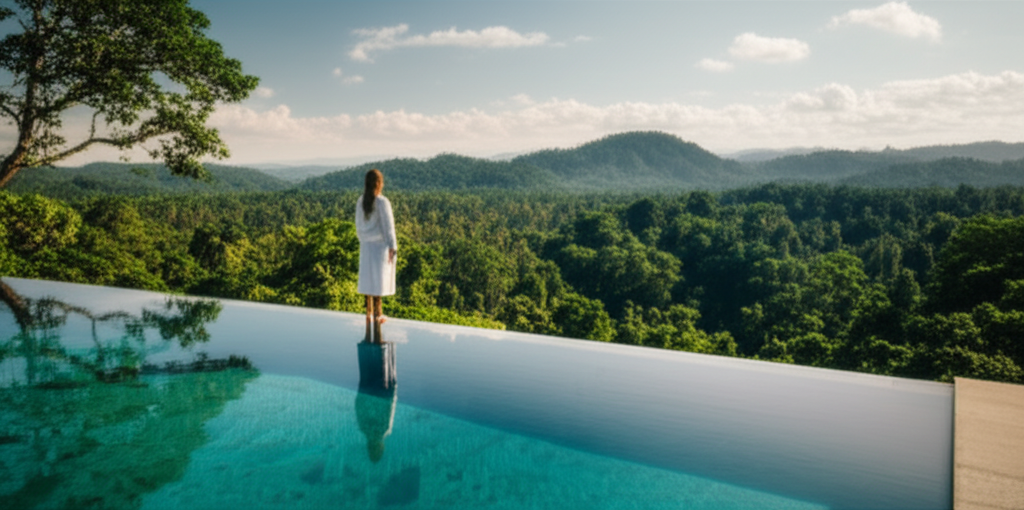 A breathtaking view from an infinity pool at a luxury wellness retreat in the Sri Lankan jungle.