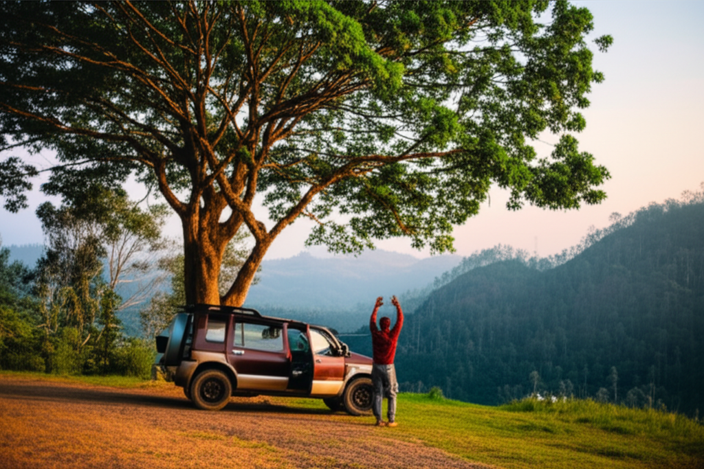 A car safely parked at a scenic rest stop during a road trip in Sri Lanka.