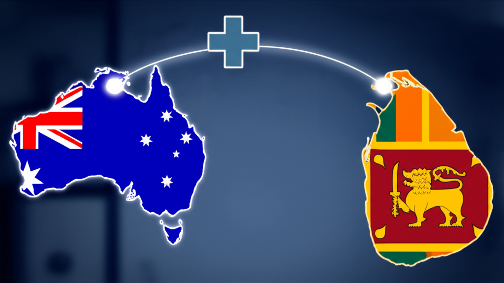 A graphic illustrating the telehealth link between Australia and Sri Lanka for medical services.