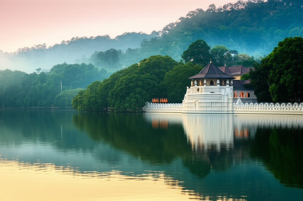 The serene Kandy Lake with the famous temple in the background.
