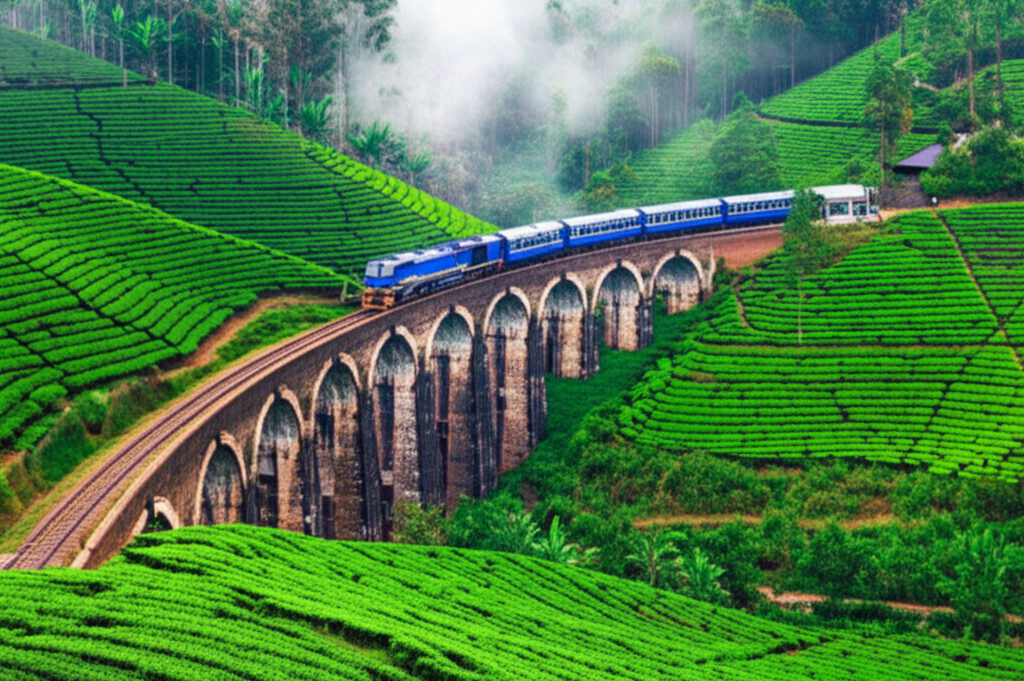 The iconic blue train crossing the Nine Arch Bridge in Ella's tea country.