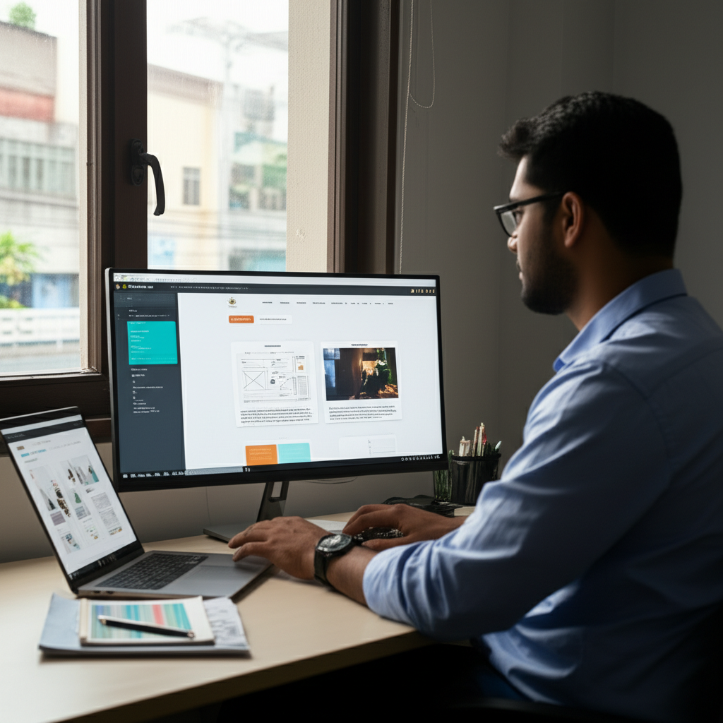 A professional Sri Lankan web designer working on a sleek…