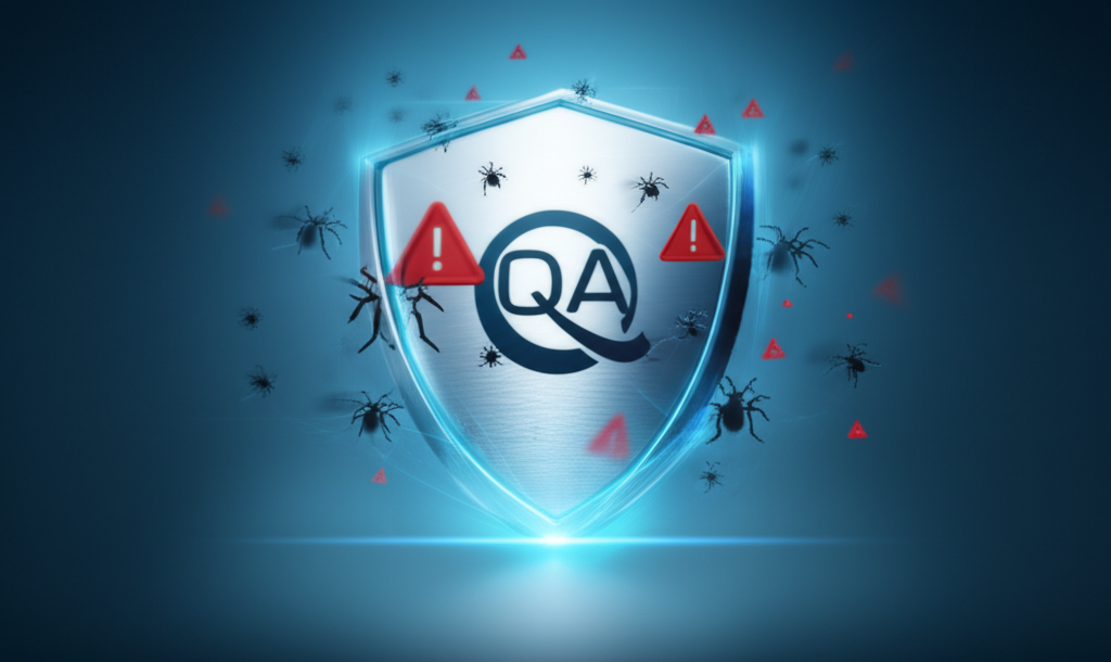 A shield with a brand logo, representing how QA safeguards a brand's reputation from digital errors.