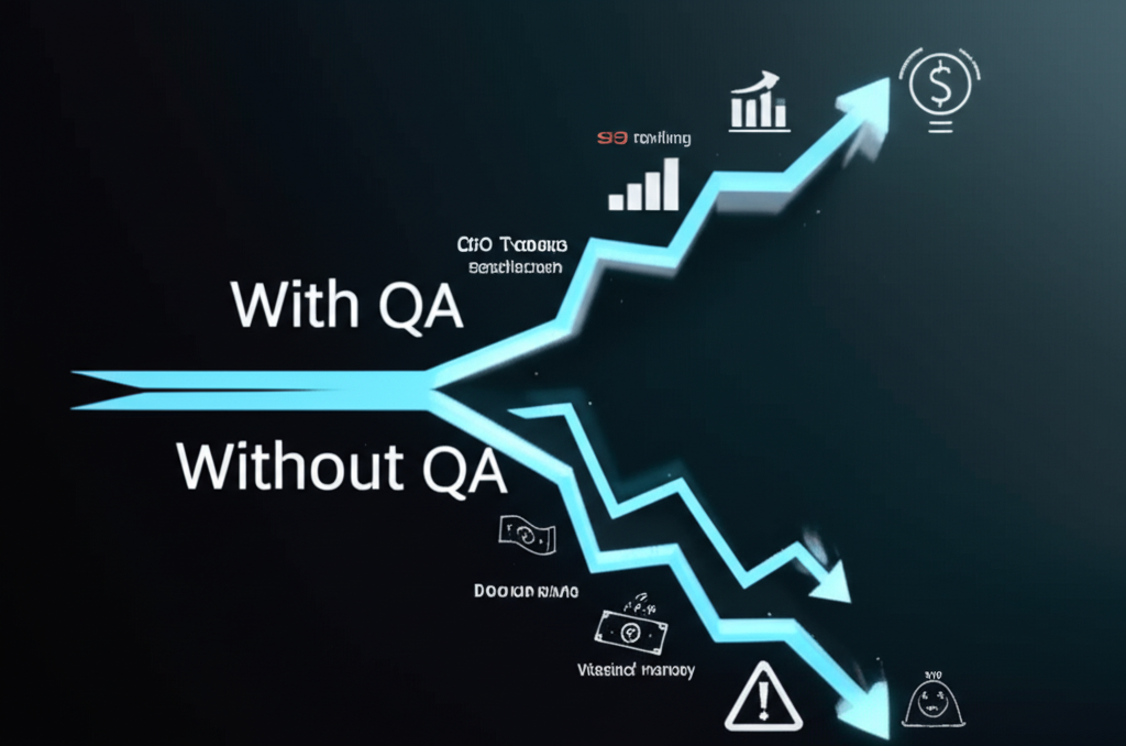 An infographic comparing the positive financial and SEO outcomes with QA versus the negative outcomes without it.