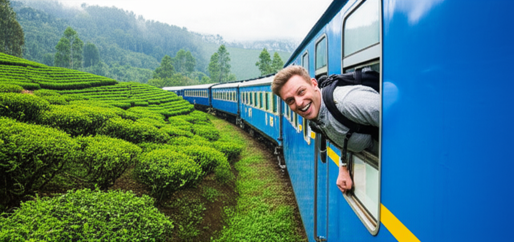 A traveler enjoying the scenic views from the famous Kandy to Ella train journey in Sri Lanka.