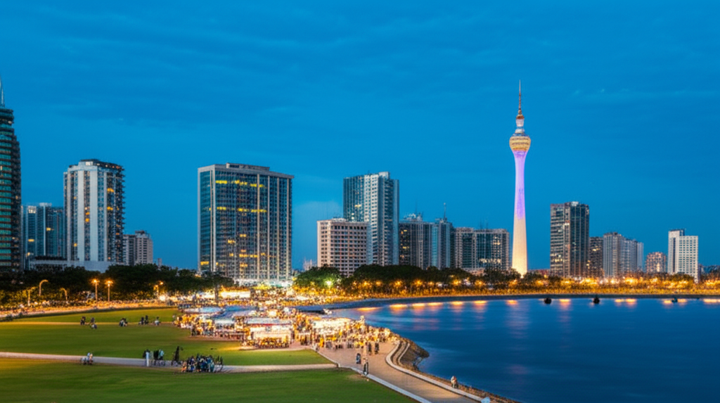 The modern city skyline of Colombo, Sri Lanka, at dusk.
