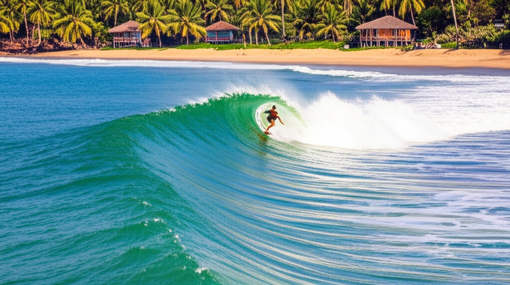 A surfer catching a wave in the popular surf town of Arugam Bay, Sri Lanka.