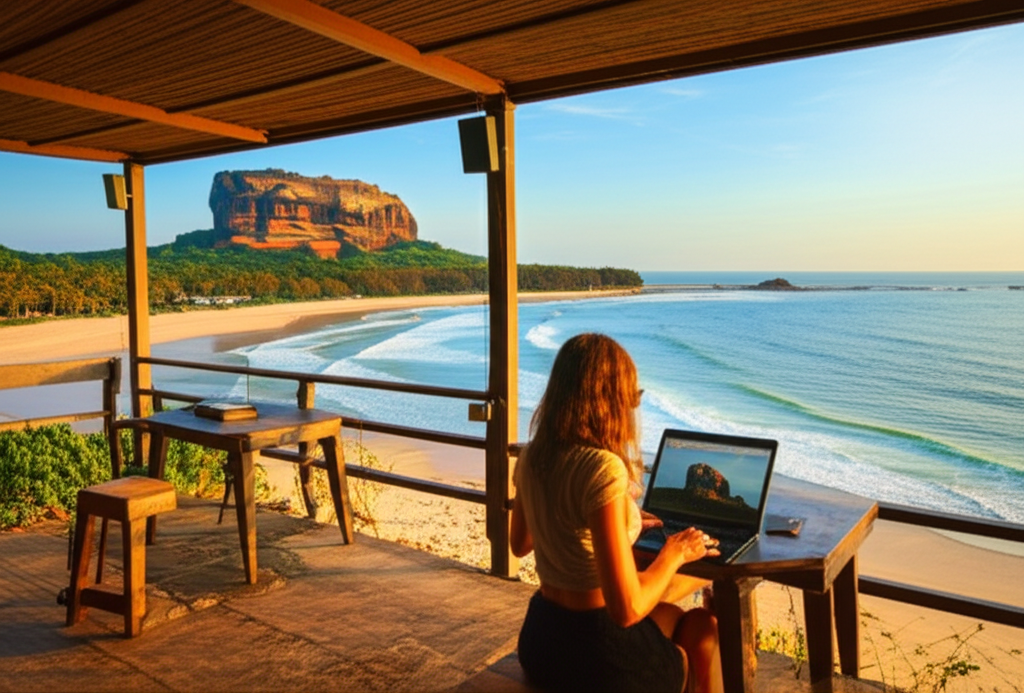 A vibrant, wide-angle shot of a digital nomad working on…