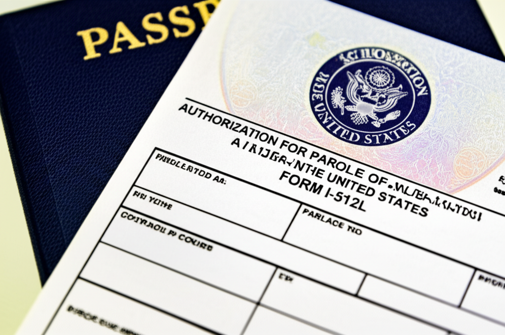 An official USCIS Advance Parole document (Form I-512L) shown with a passport.