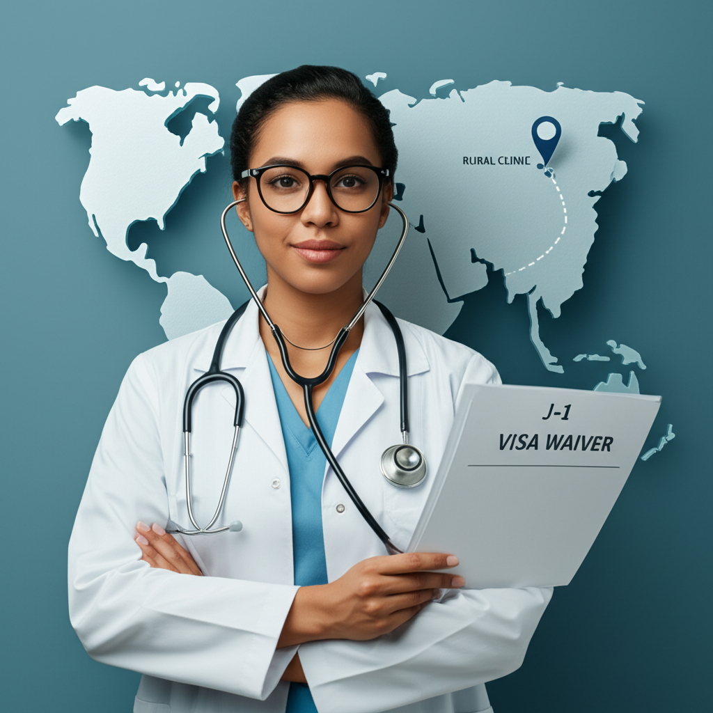 An illustration representing the Conrad 30 J-1 visa waiver program for international medical graduates.