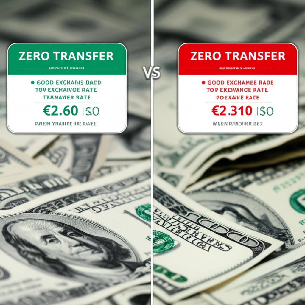 A chart comparing a transfer with a visible fee vs a transfer with a hidden exchange rate markup.