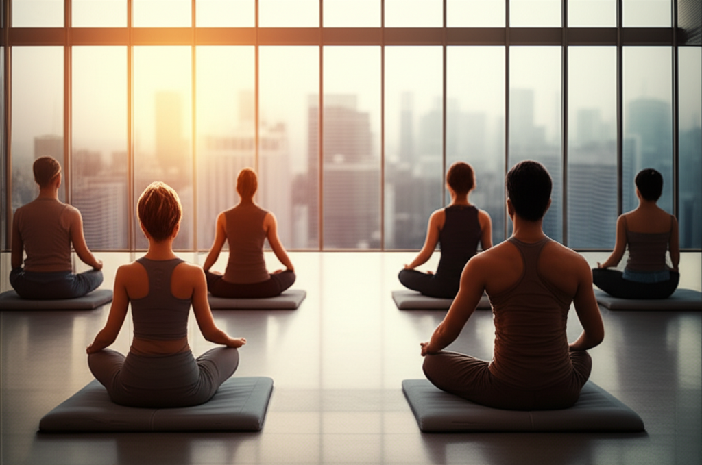 A diverse community meditating inside a modern Buddhist temple in a US city.