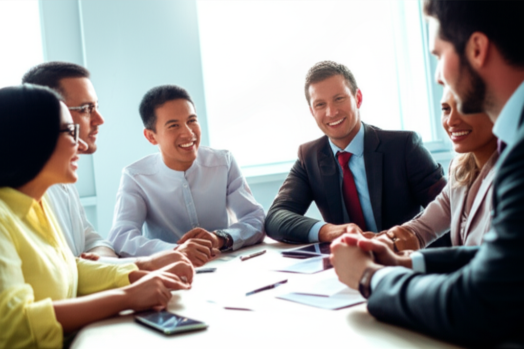 A diverse team of professionals discussing work in a modern American office.