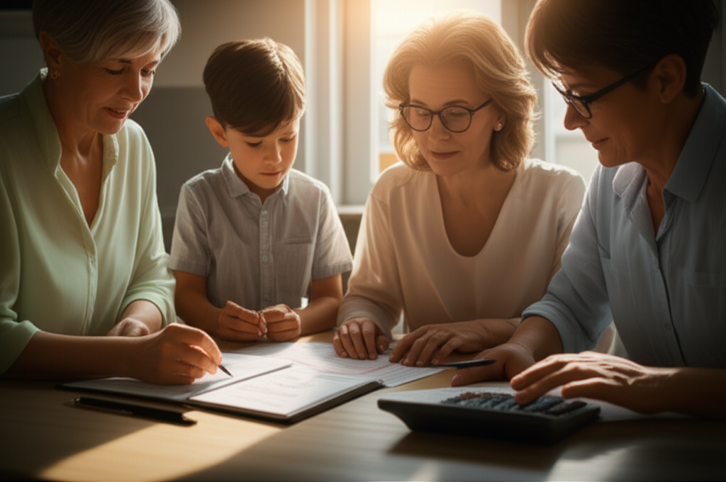 A family reviewing financial documents for a family sponsorship application.