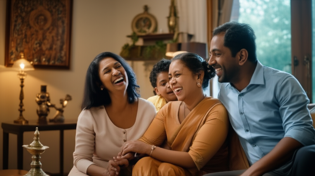 A happy Sri Lankan American family finding a balance between their two cultures at home.
