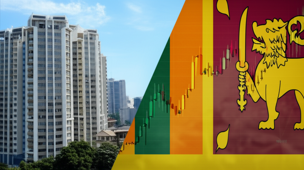 A split image comparing a modern Sri Lankan building with a stock market chart, representing investment opportunities in Sri Lanka.