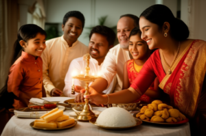 A Sri Lankan-American family celebrating Avurudu, the Sri Lankan New Year, at home.