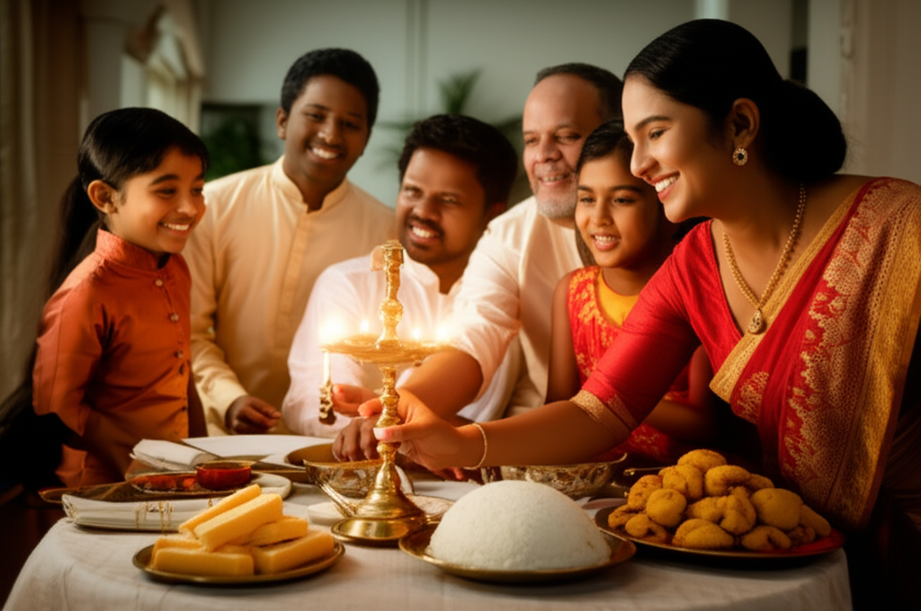 A Sri Lankan-American family celebrating Avurudu, the Sri Lankan New Year, at home.