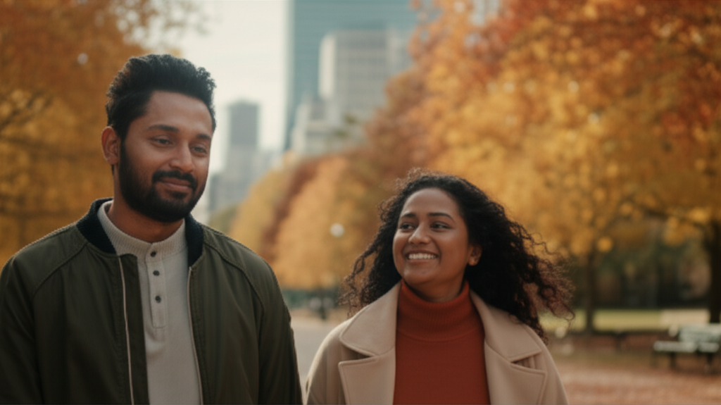 A Sri Lankan immigrant and their partner enjoying a walk, representing intercultural dating in America.