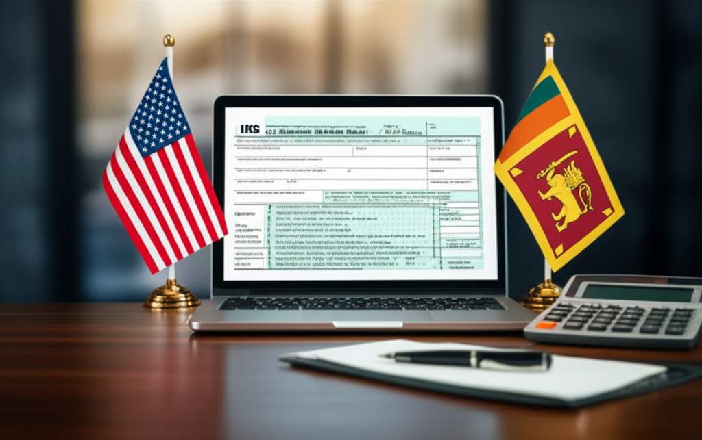 Desk with US and Sri Lankan flags, representing reporting foreign income and savings to the IRS.