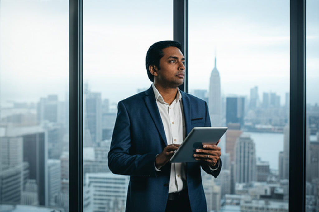 Sri Lankan immigrant entrepreneur planning his business strategy in a US city office.