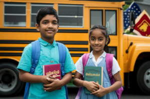 Two children holding Sinhala and Tamil language books in front of an American school bus.