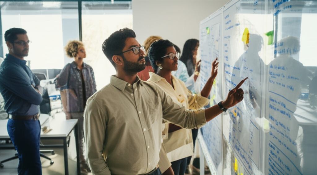 A diverse team of tech professionals collaborating in a Silicon Valley office.
