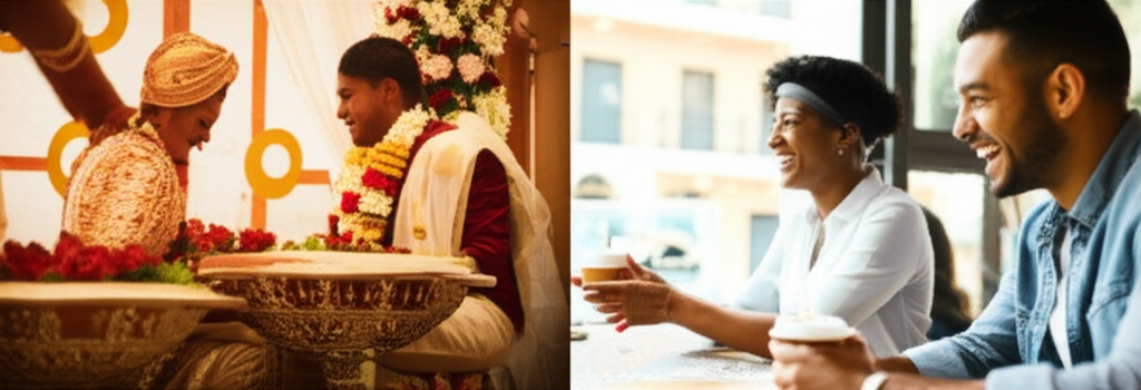 A visual comparison of traditional Sri Lankan marriage customs and modern American dating.