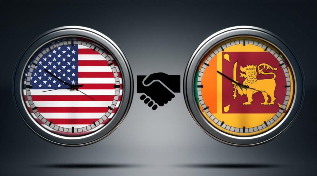 Illustration of the time zone difference between the USA and Sri Lanka for business meetings.