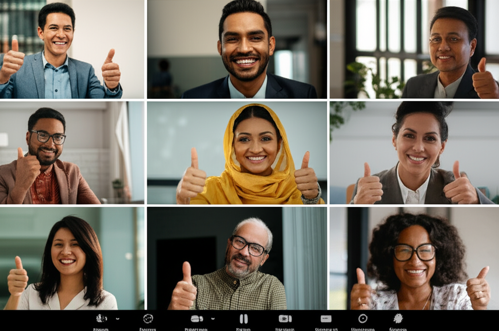 A diverse team from the US and Sri Lanka collaborating positively on a video call.