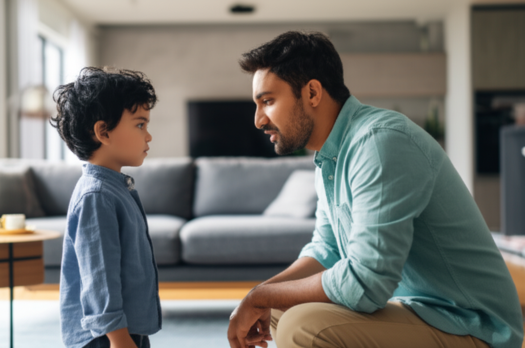 A parent using a calm, discussion-based approach to discipline with their child.