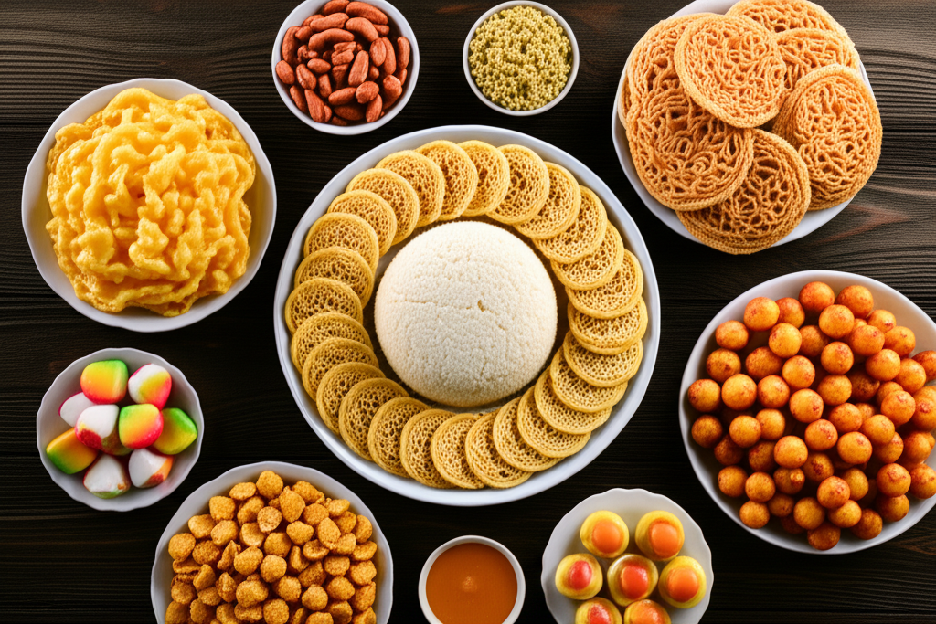 A festive table laden with traditional Sri Lankan New Year foods like Kiribath and Kavum.