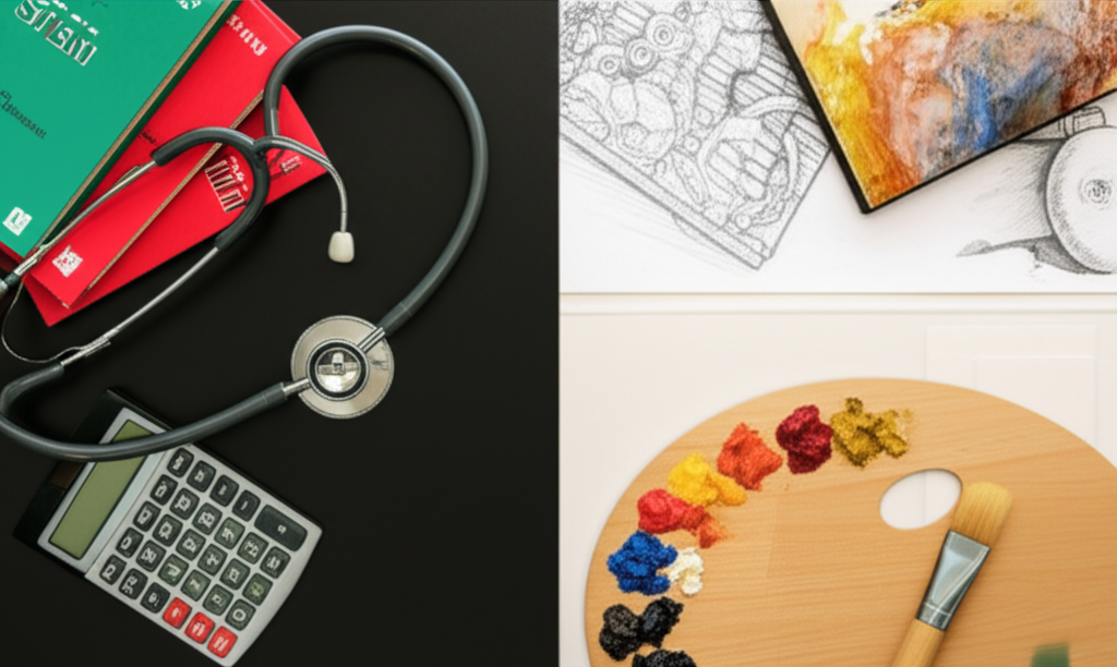 A split desk showing the contrast between traditional STEM career paths and creative pursuits.