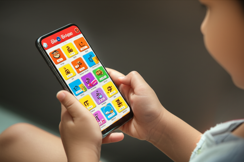A child learning Tamil on a fun language app on a smartphone.