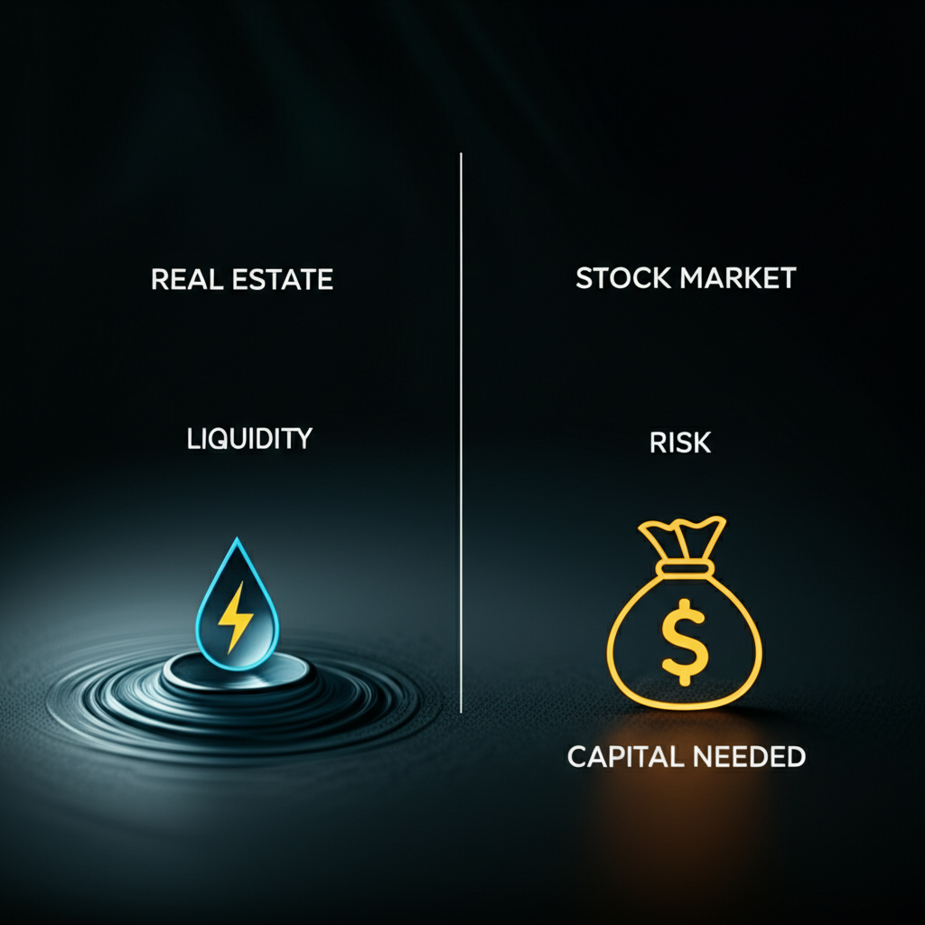 A comparison table outlining the pros and cons of real estate versus stock market investment.