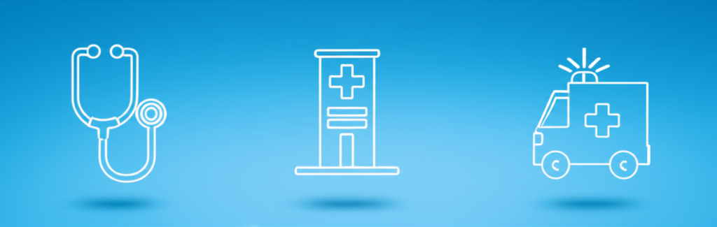 Icons representing a doctor's office, urgent care, and an emergency room.