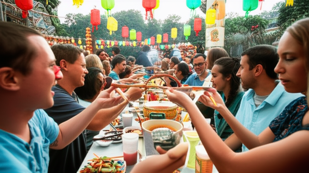 People enjoying a community meal at a Buddhist temple festival.