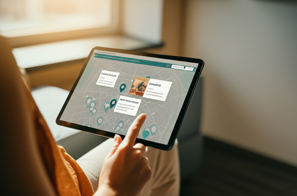 A person using a tablet to find local Buddhist centers on a map.