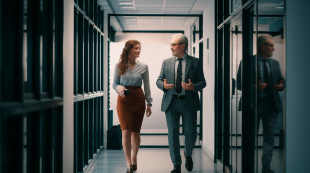 A senior manager and a junior employee in a collaborative discussion.