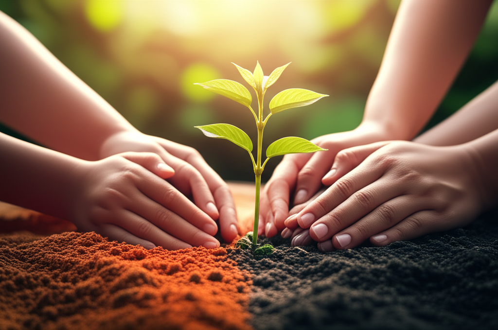 Family hands planting a sapling, symbolizing the creation of a new, blended cultural identity.